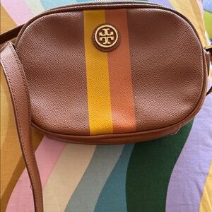 Tory Burch Tan Crossbody Bag with Yellow and Orange Stripes